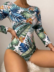 Long Sleeve Surf Tan Through Swimsuit Leaves Printed Swimwear Women Crisscross Back One Piece Rash Guard Diving Clothes Bathing Suit Summer