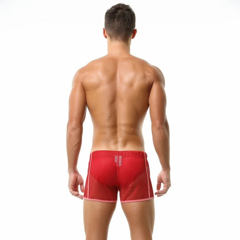 Sexy Men Mesh Boxer Shorts  Tan Through Swimwear see through  Bikini Seamless Fishnet Underwear Boxershorts Turnks Beach Swimsuits Underpants Plus Size