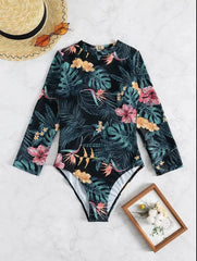 Chic Backless Long Sleeve One-Piece Tan Through Swimsuit for Women No Tan Lines Swimwear
