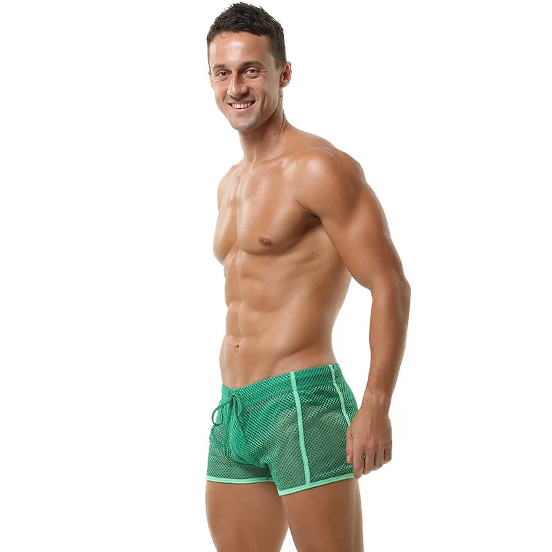 Sexy Men Mesh Boxer Shorts  Tan Through Swimwear see through  Bikini Seamless Fishnet Underwear Boxershorts Turnks Beach Swimsuits Underpants Plus Size