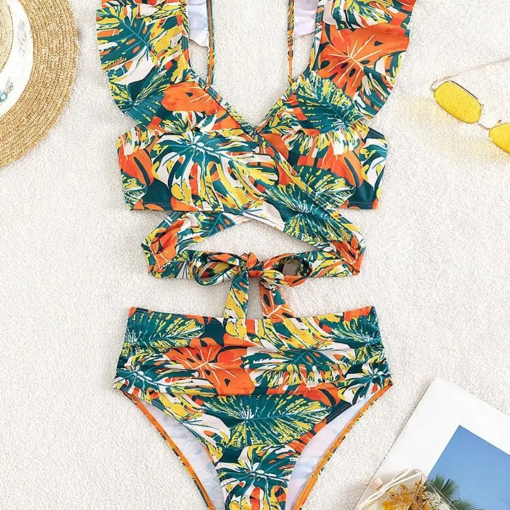 Tan through Chic High-Waisted Ruffled Bikini Set