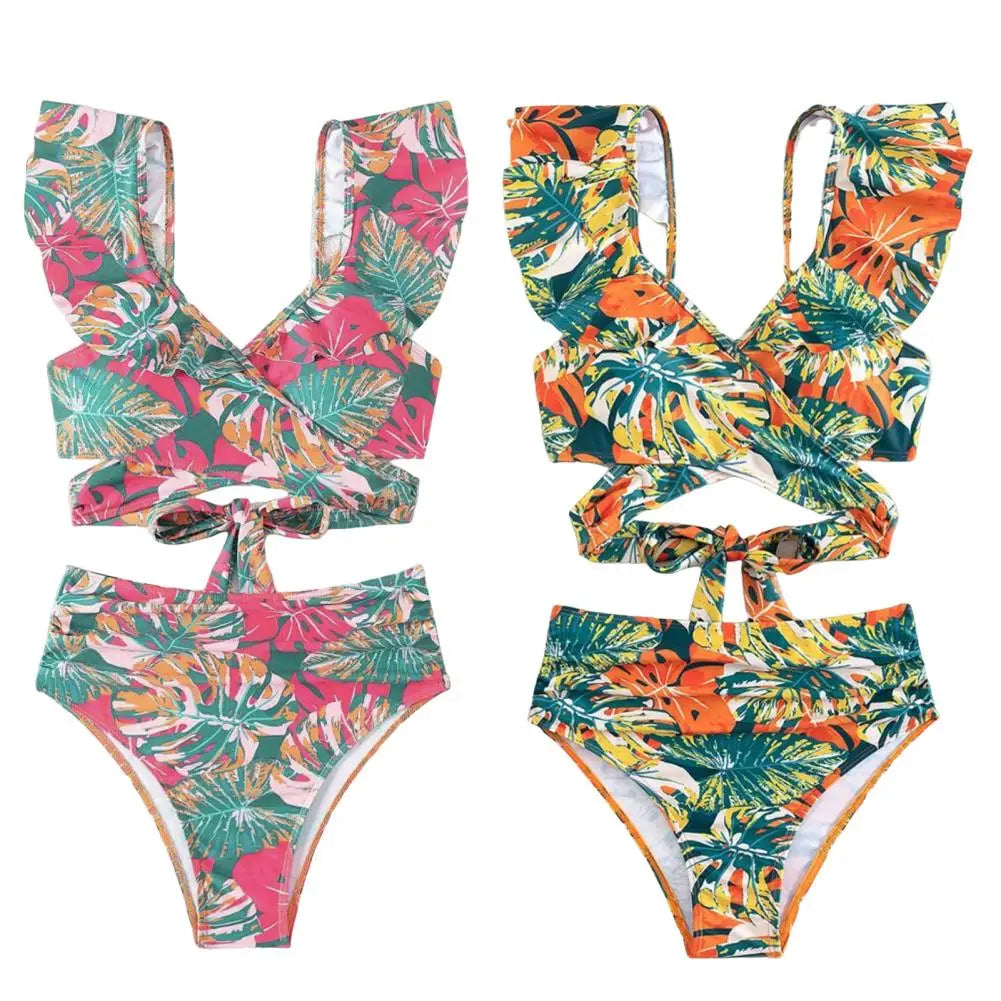 Tan through Chic High-Waisted Ruffled Bikini Set