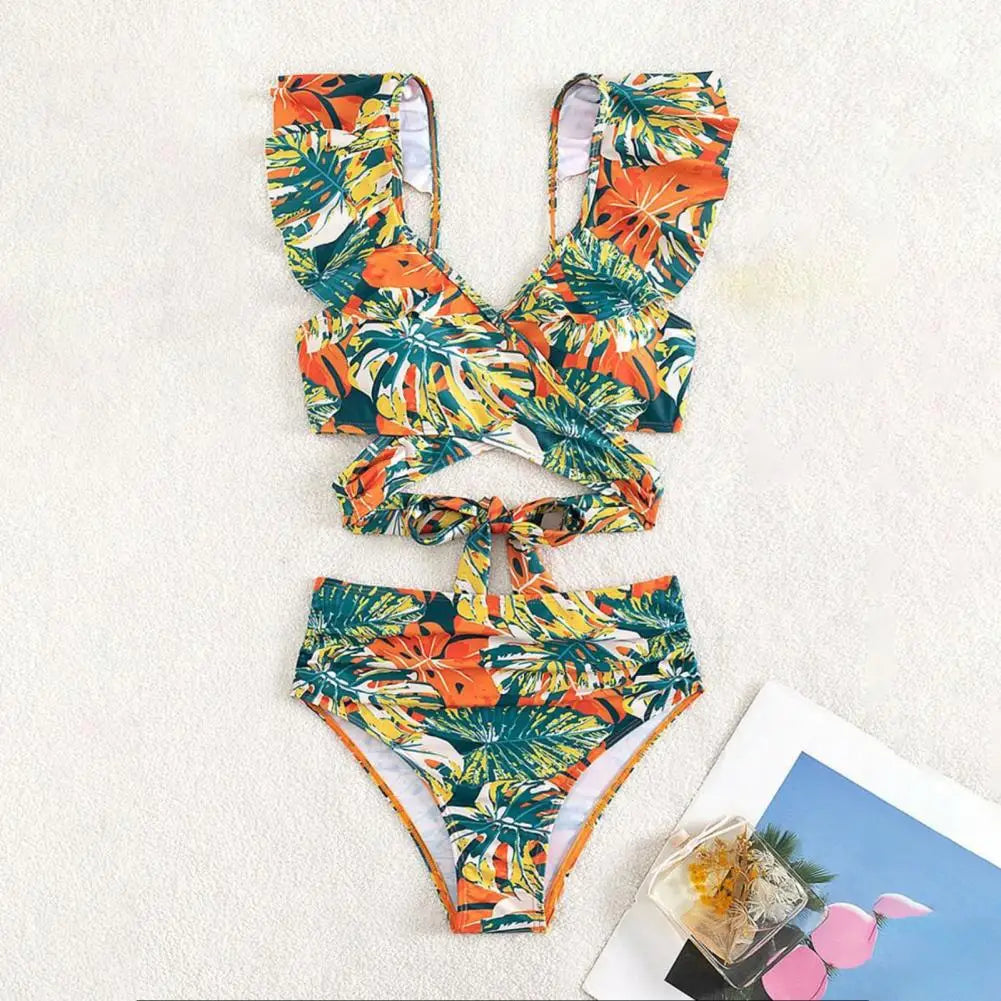 Tan through Chic High-Waisted Ruffled Bikini Set