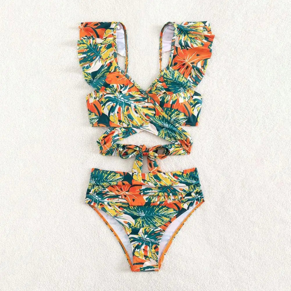 Tan through Chic High-Waisted Ruffled Bikini Set