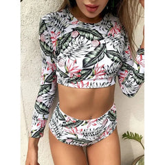 Floral High-Waisted Two-Piece Tan Through Swimsuit for Women