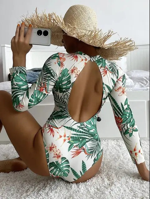 Chic Backless Long Sleeve One-Piece Tan Through Swimsuit for Women No Tan Lines Swimwear