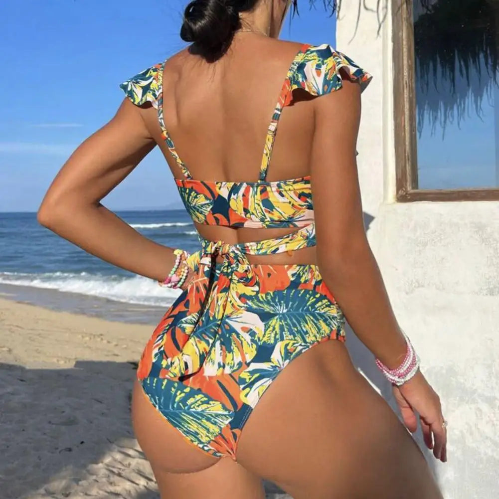 Tan through Chic High-Waisted Ruffled Bikini Set