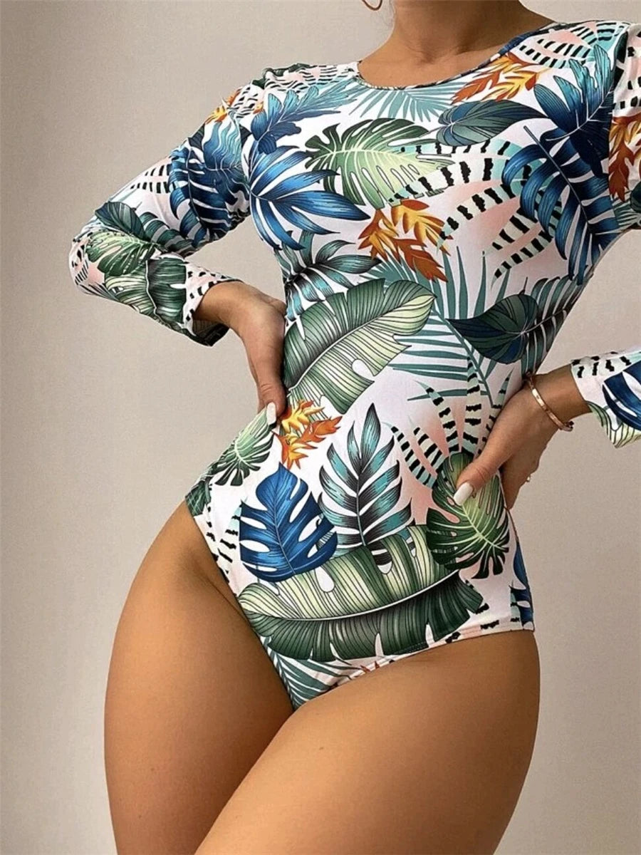 Long Sleeve Surf Tan Through Swimsuit Leaves Printed Swimwear Women Crisscross Back One Piece Rash Guard Diving Clothes Bathing Suit Summer