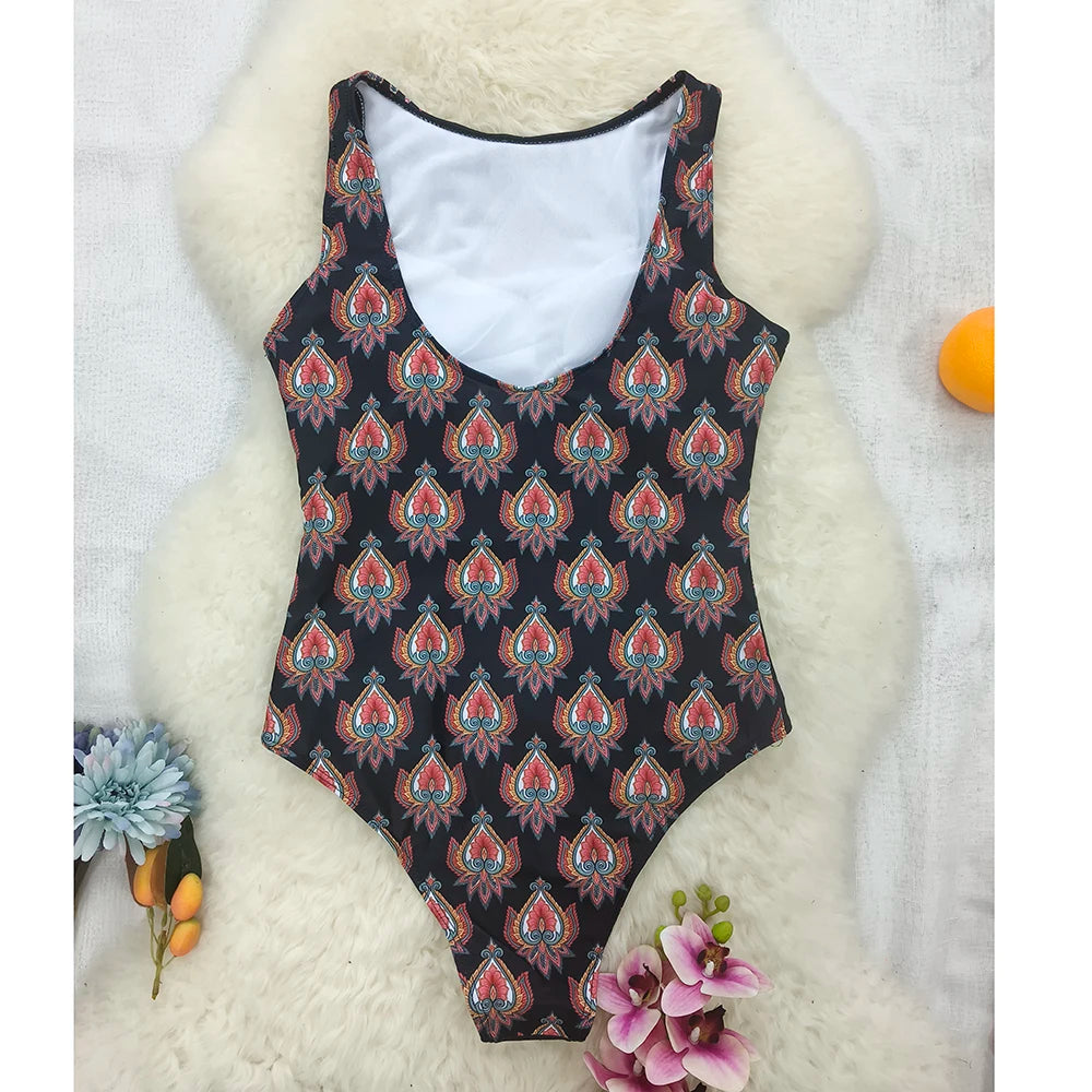 Tan Through One-piece Swimsuit Classic Printed Lace Up Swimsuit Women's Push Up Flower One-piece Suit Beach Wear For Female