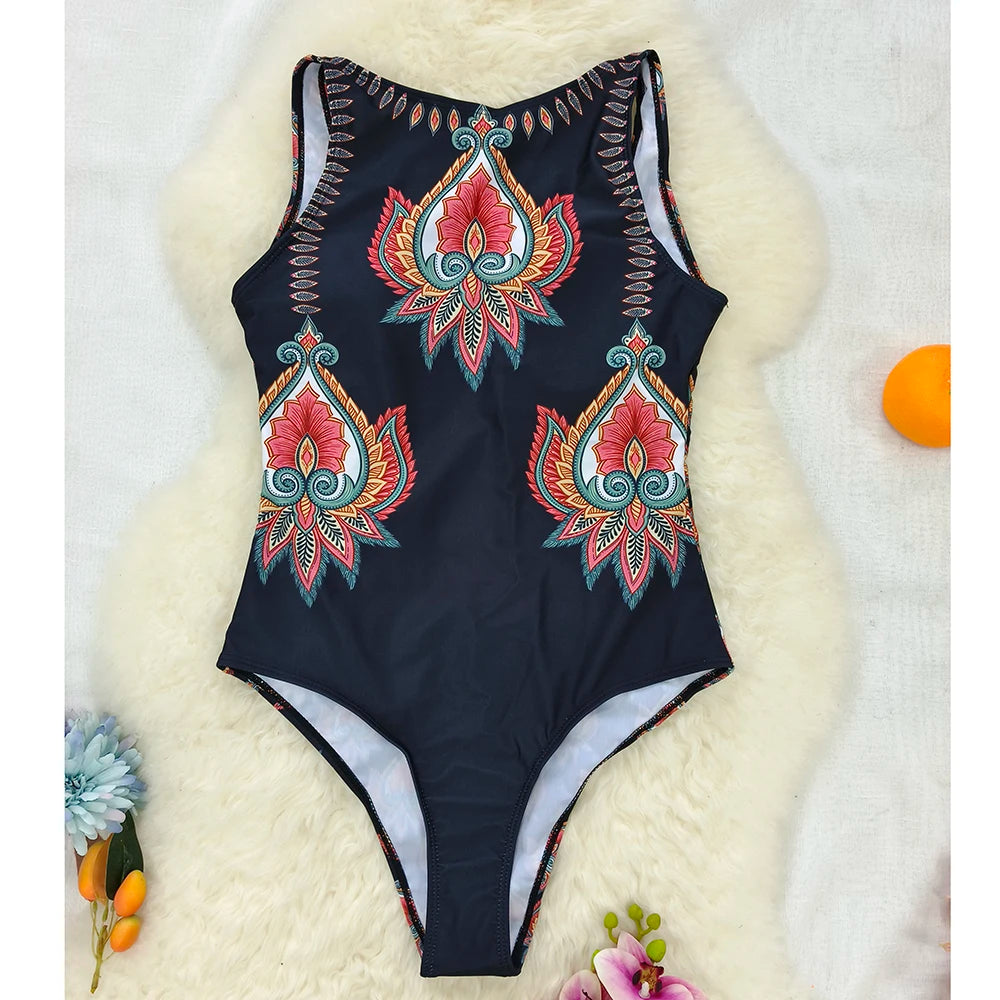 Tan Through One-piece Swimsuit Classic Printed Lace Up Swimsuit Women's Push Up Flower One-piece Suit Beach Wear For Female