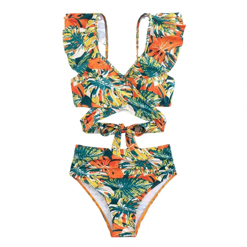 Tan through Chic High-Waisted Ruffled Bikini Set