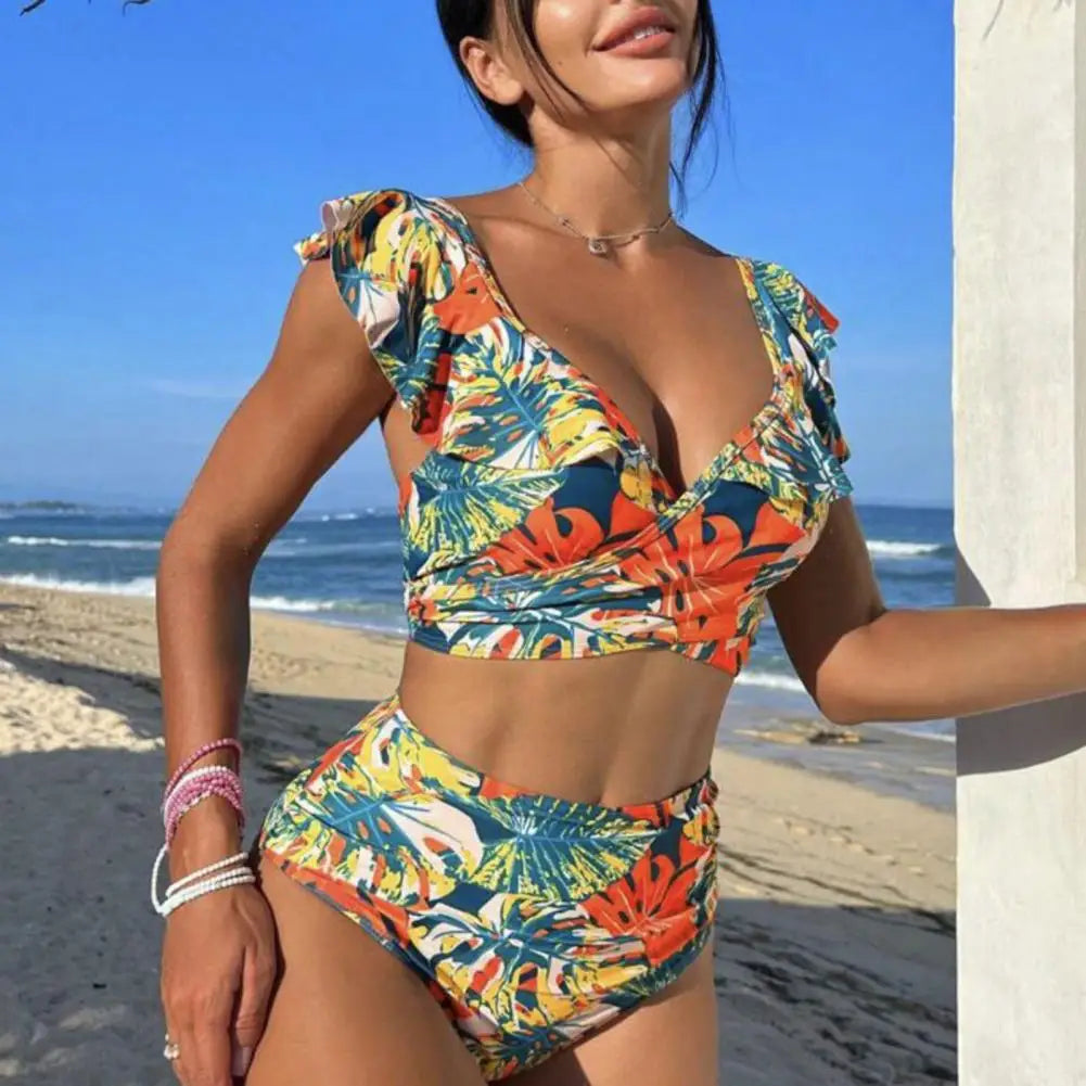 Tan through Chic High-Waisted Ruffled Bikini Set